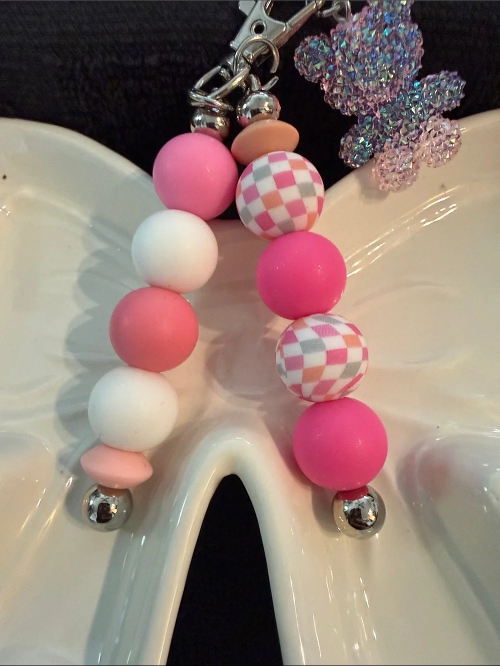 Pink Beaded Teddy Keychain & Card Holder Charm